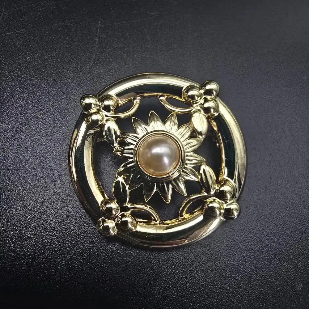 Danecraft Gold Tone Faux Pearl Brooch Round Circle Timeless Classsic